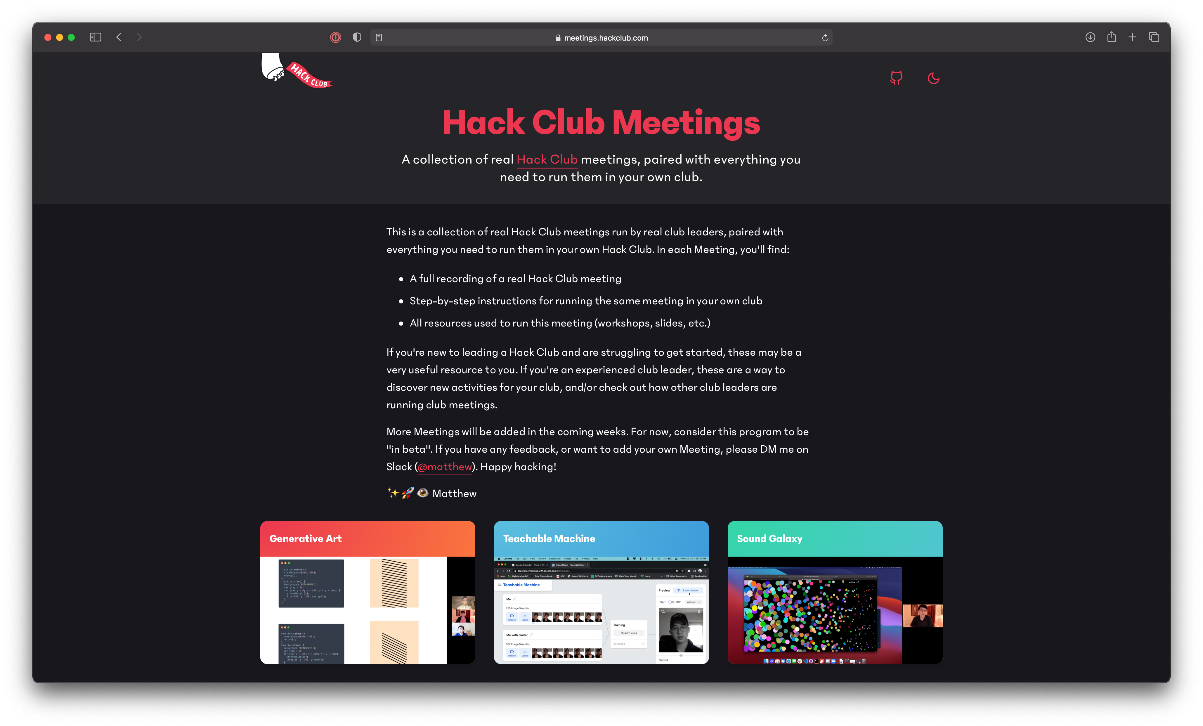 screenshot of the hack club meetings home page